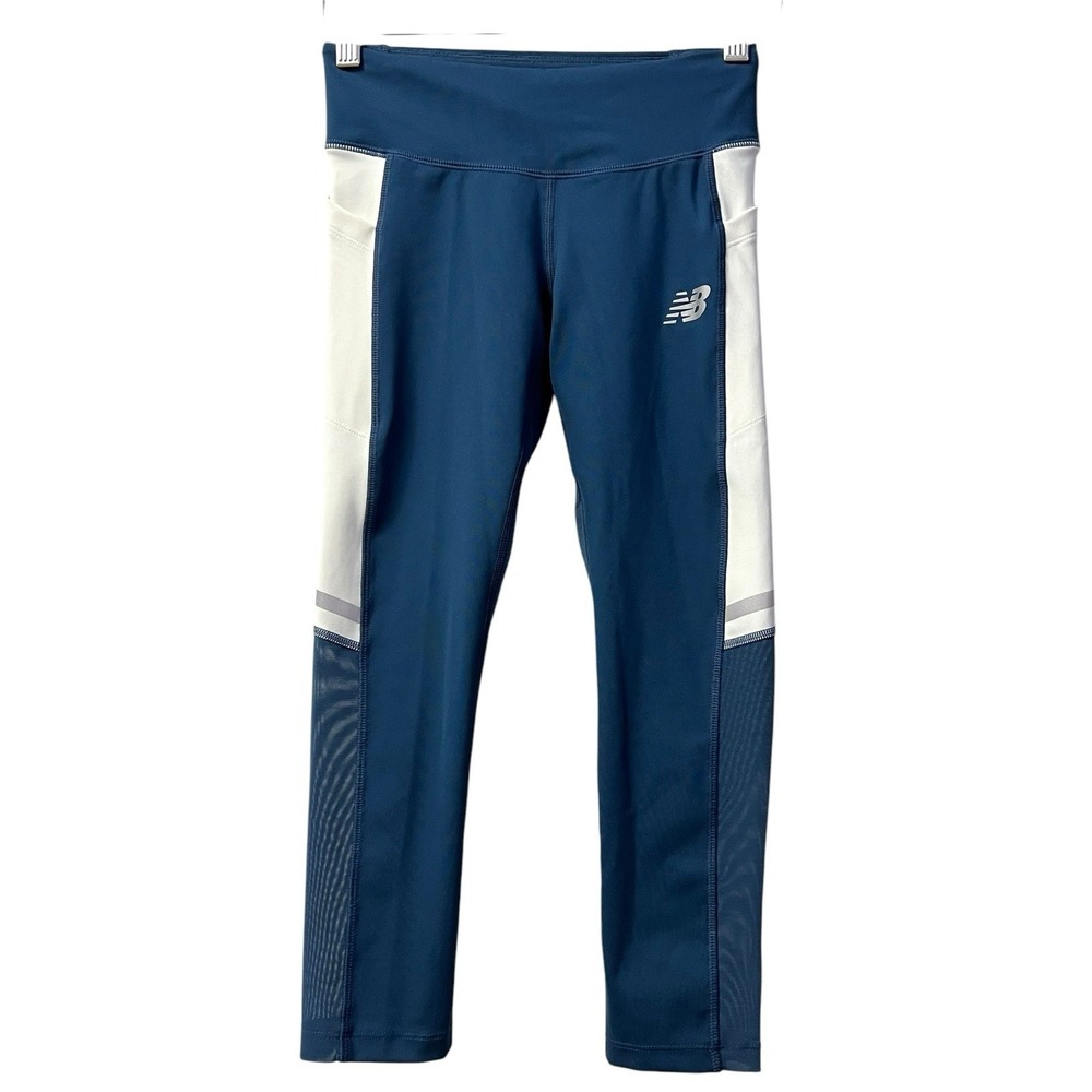 New Balance Leggings Cropped Size XS Dark Turquoise White Mesh Leg Panels‎